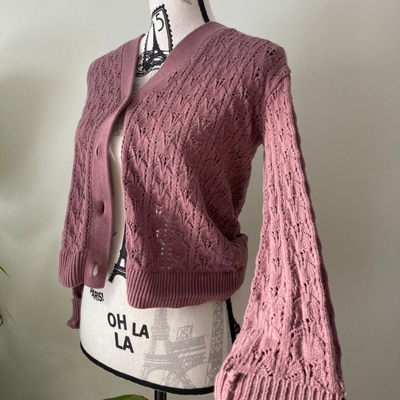 Pointelle Cardigan, Mauve Knit Sweater, Button Up Cardi, Vintage-Style - Picture 2 of 7